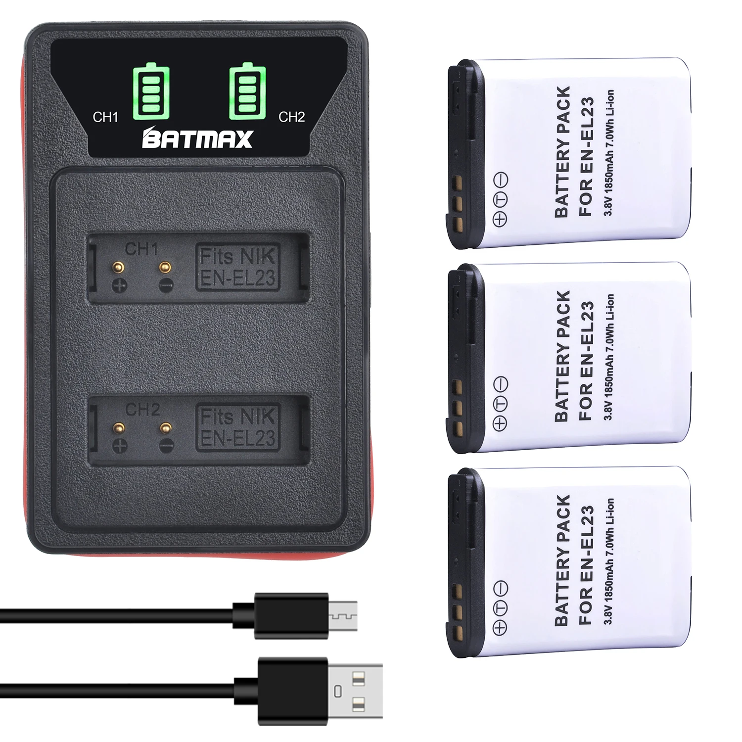 3X1850 mah EN-EL23 Uložak li-ion baterija + led USB Punjač za Nikon Coolpix P610, S810c B700, P900, P600, Digitalni fotoaparat
