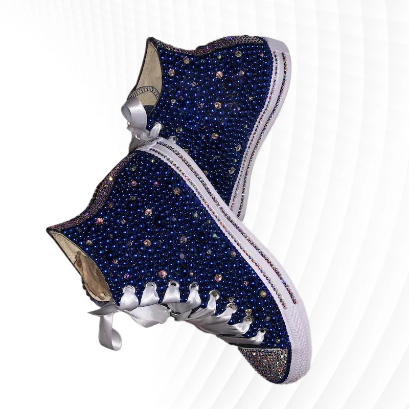 Tamno plava парусиновая cipele s visokim берцем, Bijela traka sa štrasom, udobne za hodanje tenisice, вулканизированная cipele ručne izrade sa štrasom 35-46