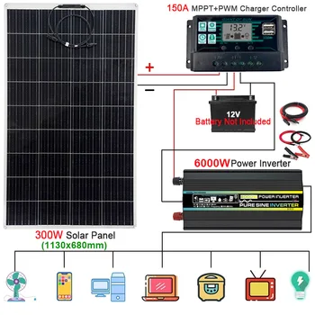 12 v Na 110 v/220 v 6000 W Komplet Solarni Sustav 300 W Solarni Panel 150A Control 4000 W Solarni Inverter za Auto Telefona Na Otvorenom 12 Na 220