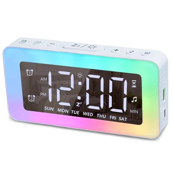 Alarmi za spavaće sobe, ogledalo sat sa 8 RGB atmosferskom pozadinskim osvjetljenjem, Dvostruki alarmi, 3 načina alarm, timer za odgodu od sna