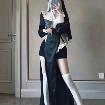 Anime Vibrastar Sestra Cosplay Seksi redovnica haljina s visokim prorezom + body s otvorenim leđima + kape komplet Kostim za Halloween Izravna isporuka