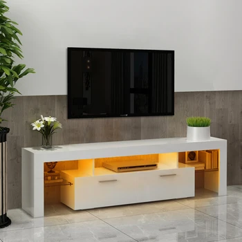 Bijeli stalak za televizor morden s led pozadinskim osvjetljenjem, sjajni prednji stalak za tv, može biti instaliran u dnevnom boravku ili spavaćoj sobi