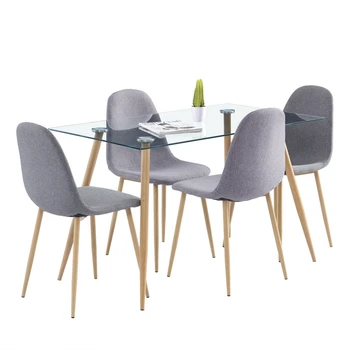 Blagovaona stol i stolice Komplet uključuje 1 pravokutni stakleni stol + 4 Jednostavna blagovaona stolice u modernom stilu, sa imitacija drvenih nogu