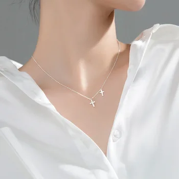Donje ogrlica s križem za žene na vratu, srebrne ogrlice-opskrbnog 925 sterling, ženski jednostavan privjesak s dvostrukim križem, modni nakit za djevojčice