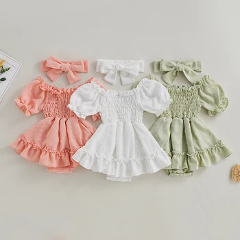 FOCUSNORM, 2 kom., ljetno slatka haljina-kombinezon za djevojčice i dječake, 3 boje, kombinezon s cvjetnim nabora i gola ramena, traka za kosu