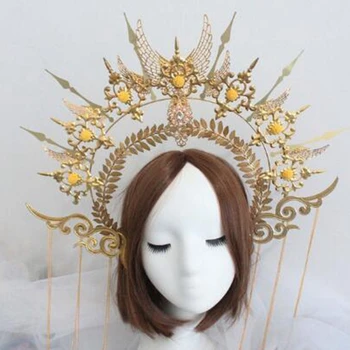 Gotička Krug Crown Lolita Tijara Crown povez za glavu Halloween Vintage Božica Sunca Barokni krug šlem