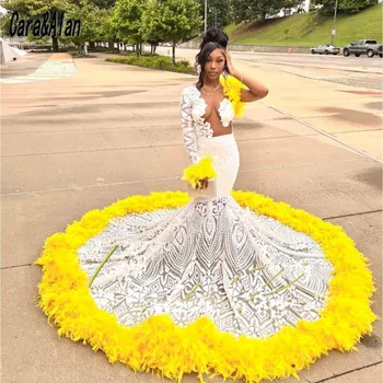 Gradacija haljine Cara & Alan s bijelim i žutim perjem 2023, čipkan večernja haljina Sirena s transparentnim izreza za žene, vestido de graduación