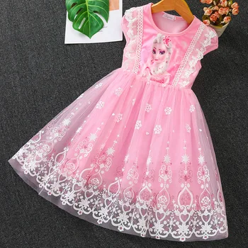 Haljina princeze Эльзы s kratkim rukavima za djevojčice, dječje ljeto novi čipkan сетчатое haljina u stilu patchwork, roza, plavo, svečane haljine za rođendan od 2 do 13 godina