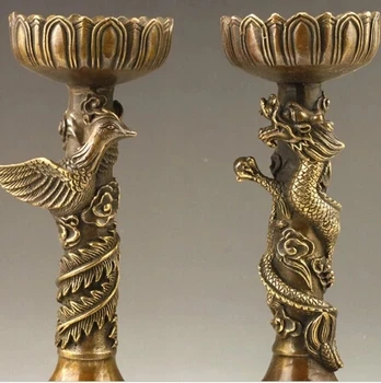 Kineski Ručni rad, elegantan brončani svijećnjak s zmaja i Фениксом, par figurica