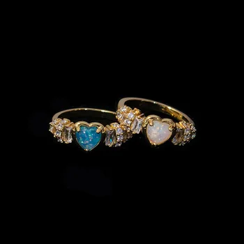 Korejski Novi dizajner, pozlaćeni plavo-bijeli prstenovi sa kristalima od akrilnih smola u obliku srca za žene, nakit Pribor za ruke