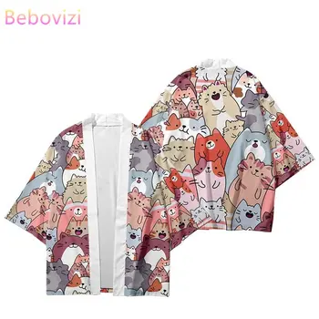 Moderan Stil, kardigan-kimono s кошачьим po cijeloj površini, Harajuku, Ženska Muška юката, japanski vrt odjeća, tradicionalni Vrhovima Оверсайз