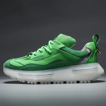 Muške cipele na ravne cipele od prave kože, trendi zelene tenisice s transparentnim jedini p30d50