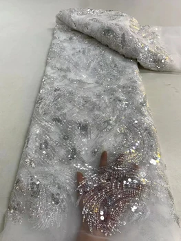 Nova visokokvalitetna francuska čipka cvjetne čipke tkanina sa šljokicama, moderan luksuzni vezene perle cijev za mladence, tkanina za svadbene zurke, 5 metara