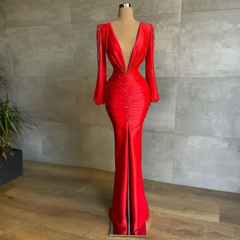 Seksi Crvene Haljine s dugim Rukavima, duboki V-izrez u obliku, perle, Sirena s prorezom sprijeda, ženske haljine za Maturalne 2023, velike Dimenzije Maxi