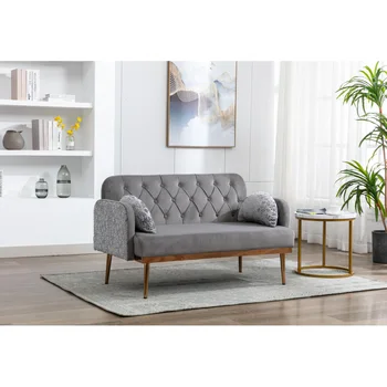 Siva baršunasti kauč, акцентный kauč. Kauč s metalnim nogama, plus dva jastuka, pogodna za dnevni boravak, dizajn s konusnih nogama.