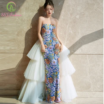 SSYFashion, novo luksuzno večernja haljina Sirena s cvjetnim uzorkom za žene, bez naramenica, s vezom šljokicama i udaljiti repom, večernje haljine za zabave