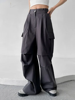 Svakodnevne siva ženske hlače-teretni, vanjska odjeća, široke ravne hlače s visokim strukom, Y2k, hlače Harajuku, korejski modne odjeće