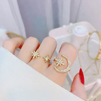YDL, sjajni prsten s dijamantima i zvijezdama, Podesiv prsten, Kvalitetan cirkon, Personalizirane otvorene Elegantne umetnut kubični cirkon šarmantan fin nakit prstenje
